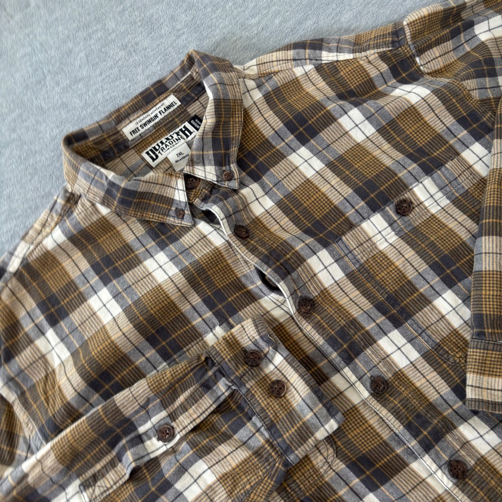 Duluth Trading Co Free Swingin Flannel Shirt Mens 2XL Relaxed Fit Brown Plaid